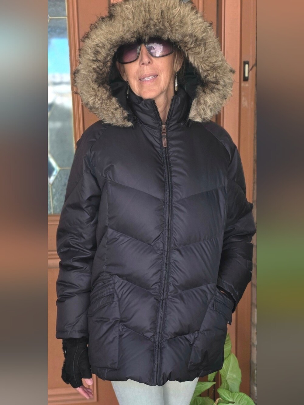 Timberland Earthkeepers Black Down Chevron Puffer Coat Fur Hood L